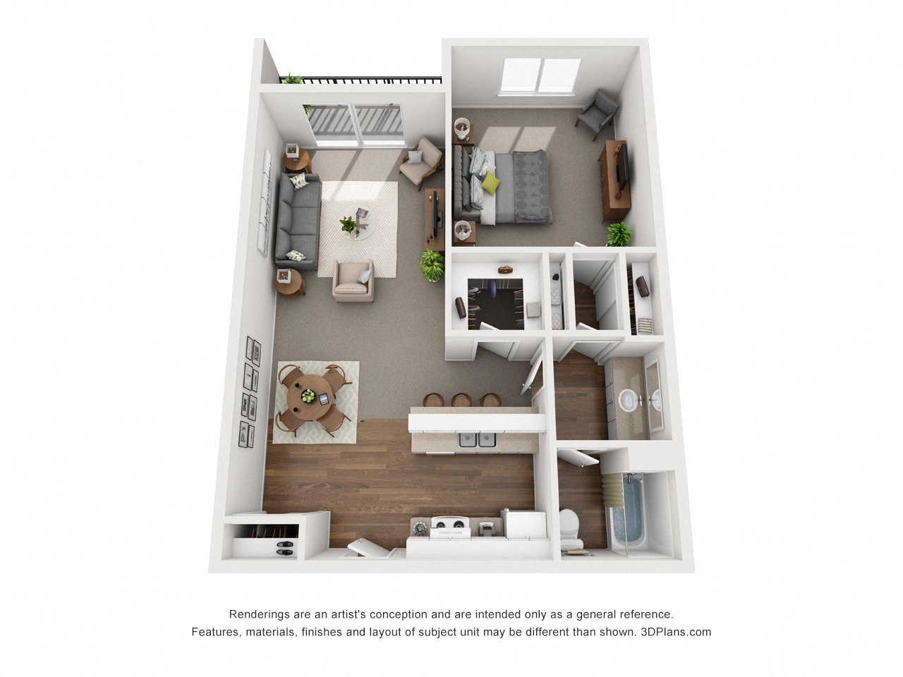 Floor plan for 1 bed, 1 bath, 740 sqft